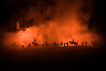 American Civil War Concept. Military silhouettes fighting scene on war fog sky background. Attack scene. - obrazy, fototapety, plakaty