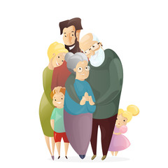 Vector illustration of happy family. Father, mother, grandfather,grandmother, son and daughter standing together and hug in a flat cartoon style. Full family concept.