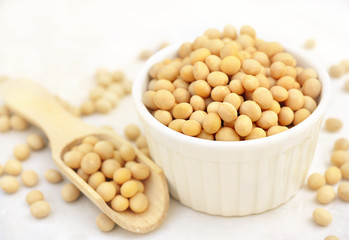 Bowl of dry soybean/soya beans for food, vegan protein legumes for healthy vegetarian diet, selective focus