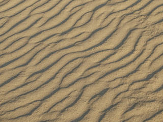 Fototapeta na wymiar texture of sand waves on the beach or in the desert. the ripples of the sand is diagonal.