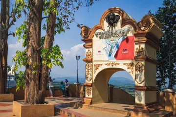 Signs showing the Golden Triangle area along the Mekong river in Chiang Saen. It is border of three countries, Thailand, Laos and Myanmar.