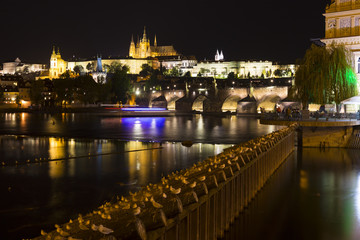 Prague gothic Castle with the Lesser Town above River Vltava in the Night, Czech Republic