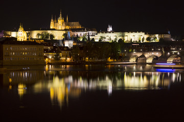 Prague gothic Castle with the Lesser Town above River Vltava in the Night, Czech Republic