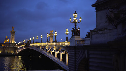 Fototapeta na wymiar Romantic scenery with lights and sculpture on historic French bridge in Paris