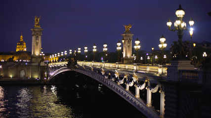 Sharp background plate of historic French bridge with light posts on at night