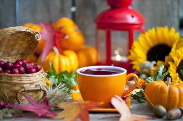 hot winter or autumn drink with spices and wild rose berries, mulled wine, hot wine