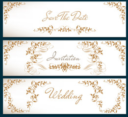 Collection or set of templates or cards invitations menu designs in luxury vintage style dark white and golden colors