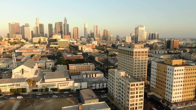 Los Angeles Downtown from Westlake Aerial Establish Shot at Sunset