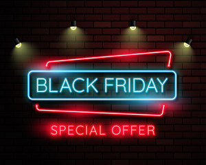 Black friday neon light banner.used for shop, online shop, promotion and advertising. vector illustration.
