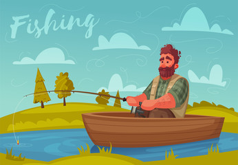 Fisherman with fishing rod. Cartoon vector illustration.