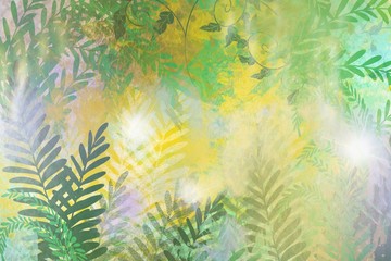 Fototapeta na wymiar Abstract artistic painted soft blurred watercolor background with natural leaves and plant overlay for dimensional beautiful design
