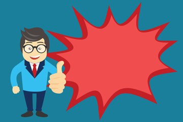 Flat design Vector Illustration Empty esp template copy text for Ad, promotion, poster, flyer, web banner, article. Man in Suit Standing Making Thumbs Up and Blank Explosion Speech Bubble