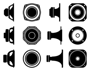 Set of speaker driver icons. Subwoofer, horn and tweeter. Silhouette vector - obrazy, fototapety, plakaty