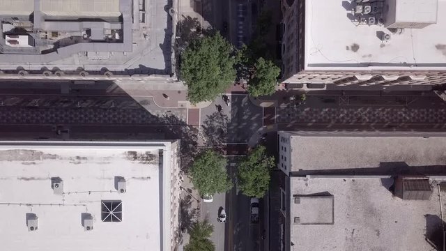 Downward facing shot from Mavic Pro of passing motorcycles on Elm Street intersection during 2017 The Distinguished Gentleman's Ride in Greensboro, NC.