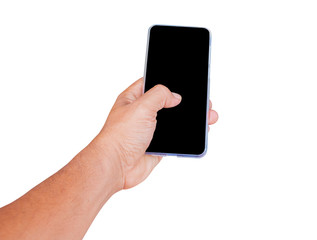 hand holding hand smartphone with blank screen. Isolated on white background and clipping path