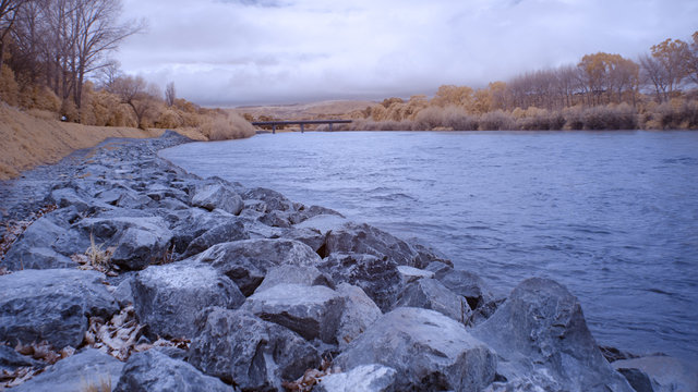 Infrared image of Manawatu river in Palmerston North New Zealand with stone protection on its banks