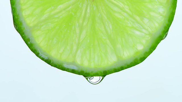 Close up or macro of a slice of lemon a drop of water falls