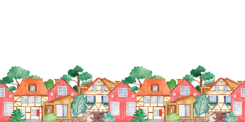 Watercolor seamless border with sweet cute houses and trees. Illustration of a city with chalet houses, half-timbered houses, European houses for invitations, cards, wallpapers. © MarinaErmakova