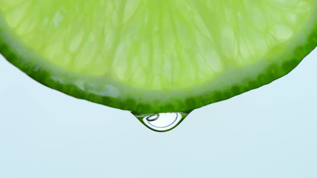 Close up or macro of a slice of lemon a drop of water falls