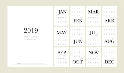 Calendar 2019 Trendy Minimalist Style. Set of 12 pages desk. minimal calendar planing black and white vector design for printing template