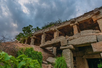 Fototapeta na wymiar Stone structure in ruins atop Malyavanta Hill in Hampi India