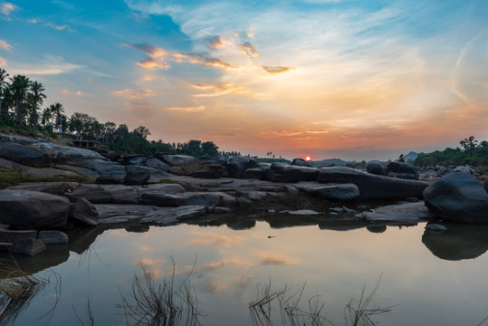 Golden Sunset on the banks of the Tungabhadra river in Hampi India