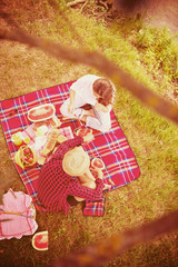 top view of couple enjoying picnic time