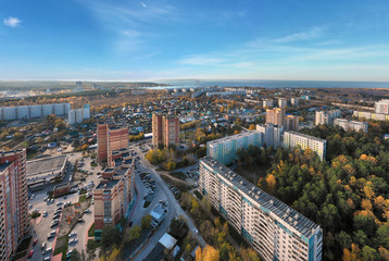 Aerial panorama from copter on Sovetsky district of town Novosibirsk. microdistrict Slyuz
