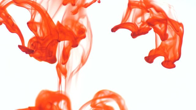 Orange food color ink drop in water on white background. Abstract food color ink drop in water background for footage design. 3840x2160 4K high resolution footage