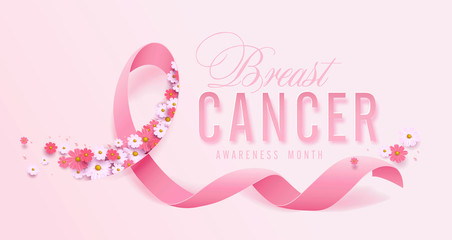 Breast cancer october awareness month pink ribbon and spring poster background,vector illustration