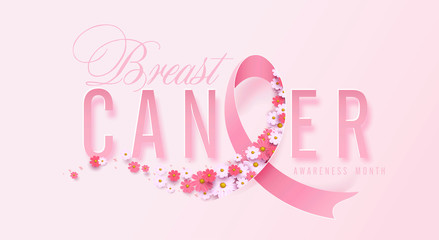 Breast cancer october awareness month pink ribbon and spring poster background,vector illustration