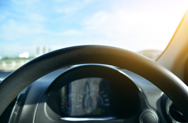 Car driving on highway  road against blue sky copy spec