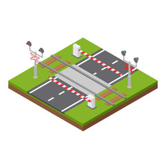 Railway crossing with a road, automatic barriers, traffic lights. Isometric constructor.