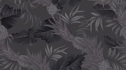 Foto op Canvas Floral seamless pattern, black Bromeliaceae with tropical leaves on black background, pastel vintage theme © momosama