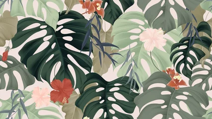 Poster Floral seamless pattern, tropical plants, split-leaf Philodendron plant, hibiscus flowers, Weeping Willow leaves and Bougainvillea flowers on light pink background, pastel vintage theme © momosama