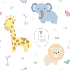 Cute adorable animals cartoon doodle pastel color seamless pattern background wallpaper