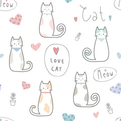 Cute adorable cat kitten cartoon doodle pastel color seamless pattern background wallpaper