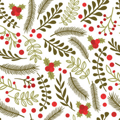 Seamless pattern with spruce branches, leafs and berries. Winter pattern. Christmas packaging, textiles, wallpaper. Vector illustration.