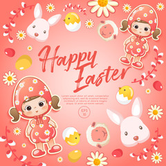 Baby girl in easter costume surrounding with easter colorful elements for Easter Card Template : Vector Illustration