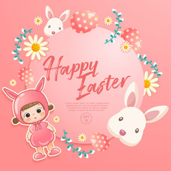 Obraz na płótnie Canvas Baby girl in easter costume surrounding with easter colorful elements for Easter Card Template : Vector Illustration