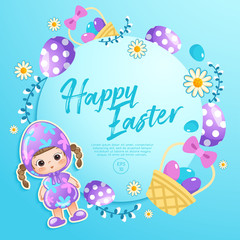 Baby girl in easter costume surrounding with easter colorful elements for Easter Card Template : Vector Illustration