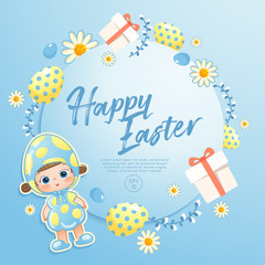Baby girl in easter costume surrounding with easter colorful elements for Easter Card Template : Vector Illustration