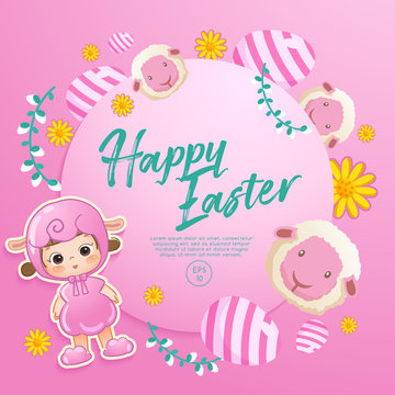 Baby girl in easter costume surrounding with easter colorful elements for Easter Card Template : Vector Illustration