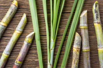 Close up sugarcane on wood background close up..