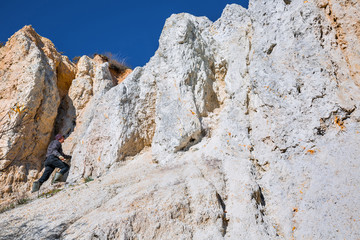 The output of limy rocks of organic origin near the river. Western Siberia, Russia