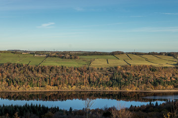 Landscape in Uk land with river and fields around hill