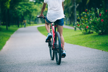 Fototapeta premium Woman riding mountain bike in tropical park