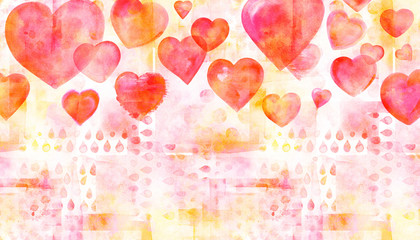 A frame with hand drawn watercolor hearts, a romantic texture and copy space, a greeting or Valentine's Day card design template