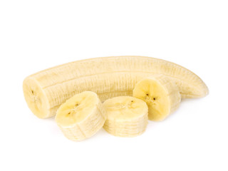 peeled banana slices isolated on white white background