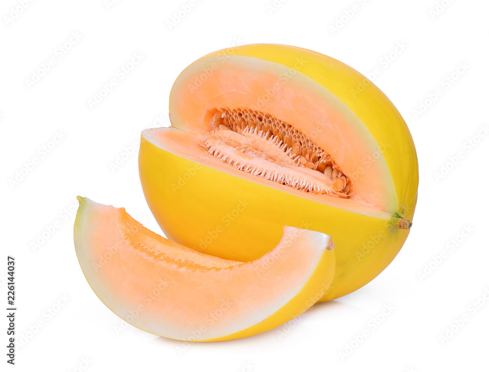 Wall mural sliced yellow cantaloupe melon isolated on white background